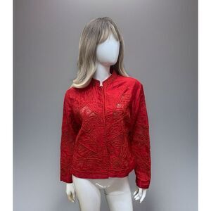 Norm Thompson Womens Silk Blazer Jacket Size PM Red Embroidered Artsy Oriental‎